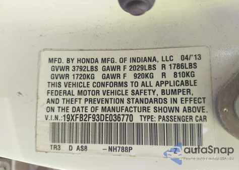 2013 Honda Civic Ex-L from USA, damaged, VIN 19XFB2F93DE036770